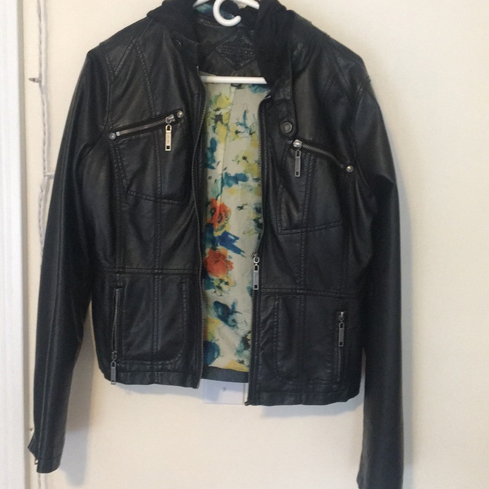 Leather jacket with hood